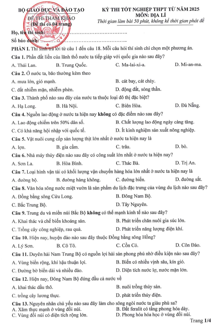 Đề tham khảo thi tốt nghiệp THPT môn Địa lý từ năm 2025- Ảnh 1.