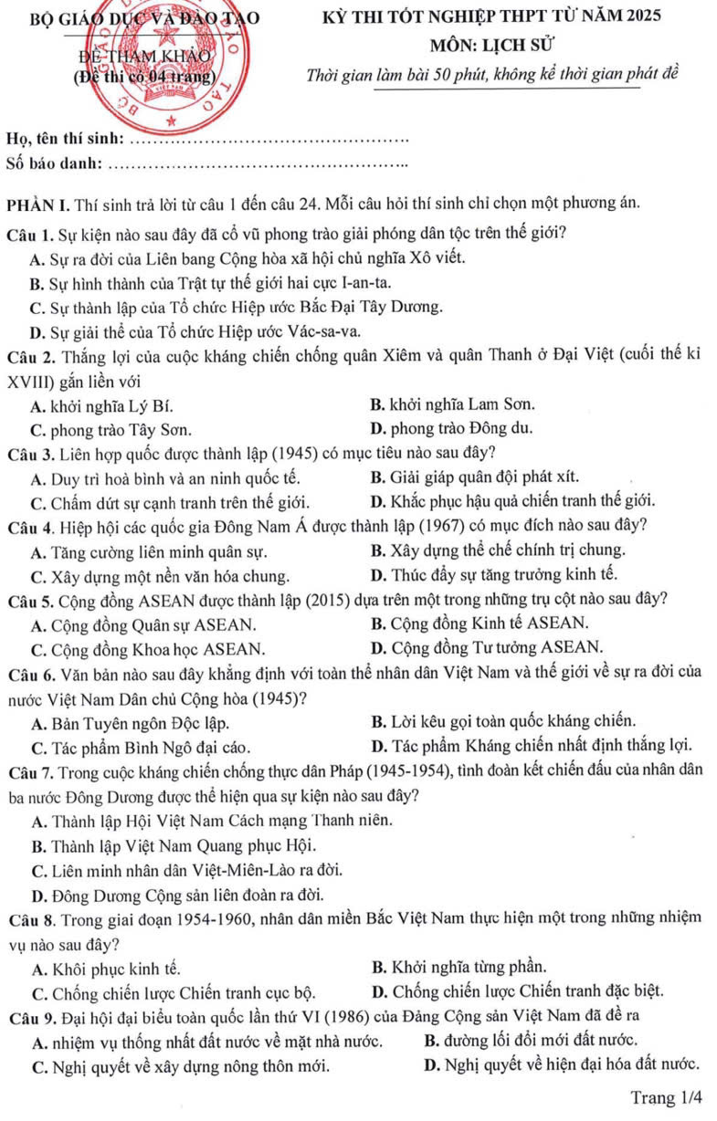 Đề tham khảo thi tốt nghiệp THPT môn Lịch sử từ năm 2025- Ảnh 1.