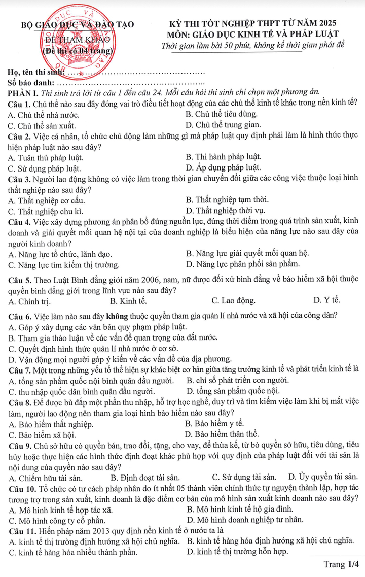 Đề thi tham khảo môn Giáo dục kinh tế và pháp luật tốt nghiệp THPT từ năm 2025- Ảnh 1.