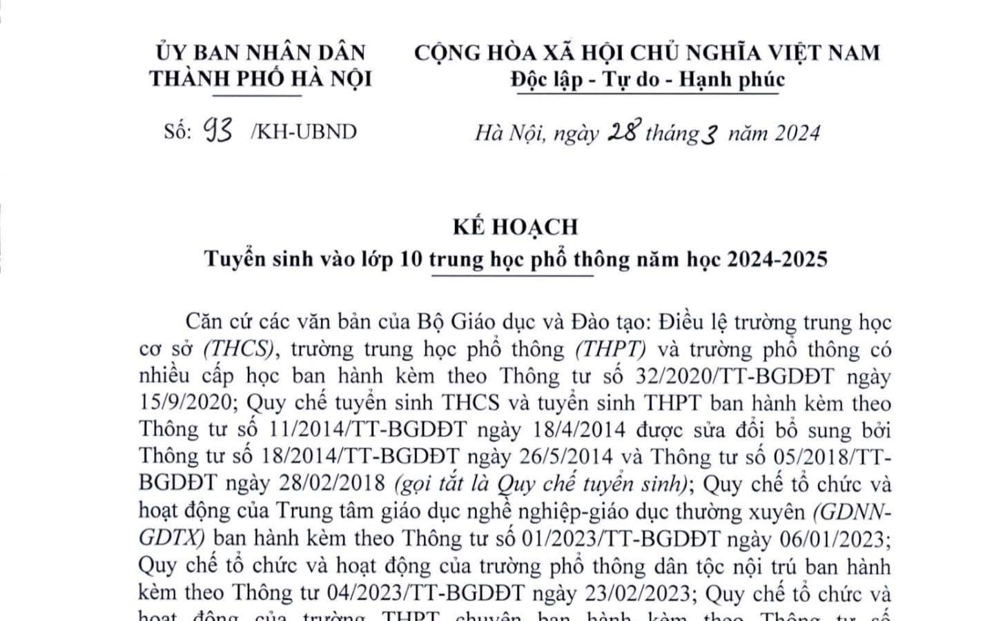 TOÀN VĂN: Kế hoạch tuyển sinh lớp 10 Hà Nội năm 2024