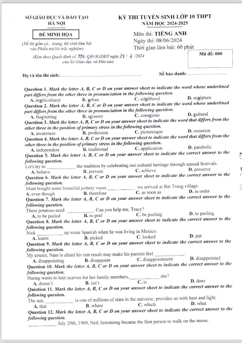 TUYỂN SINH LỚP 10 năm 2024 của Hà Nội: Cấu trúc định dạng và đề minh họa các môn Toán, Ngữ Văn, Ngoại ngữ- Ảnh 7.