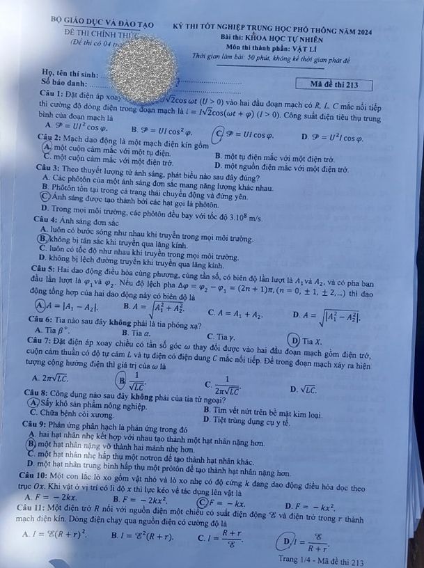 THI TỐT NGHIỆP THPT 2024: Đề thi, đáp án môn VẬT LÝ- Ảnh 2.