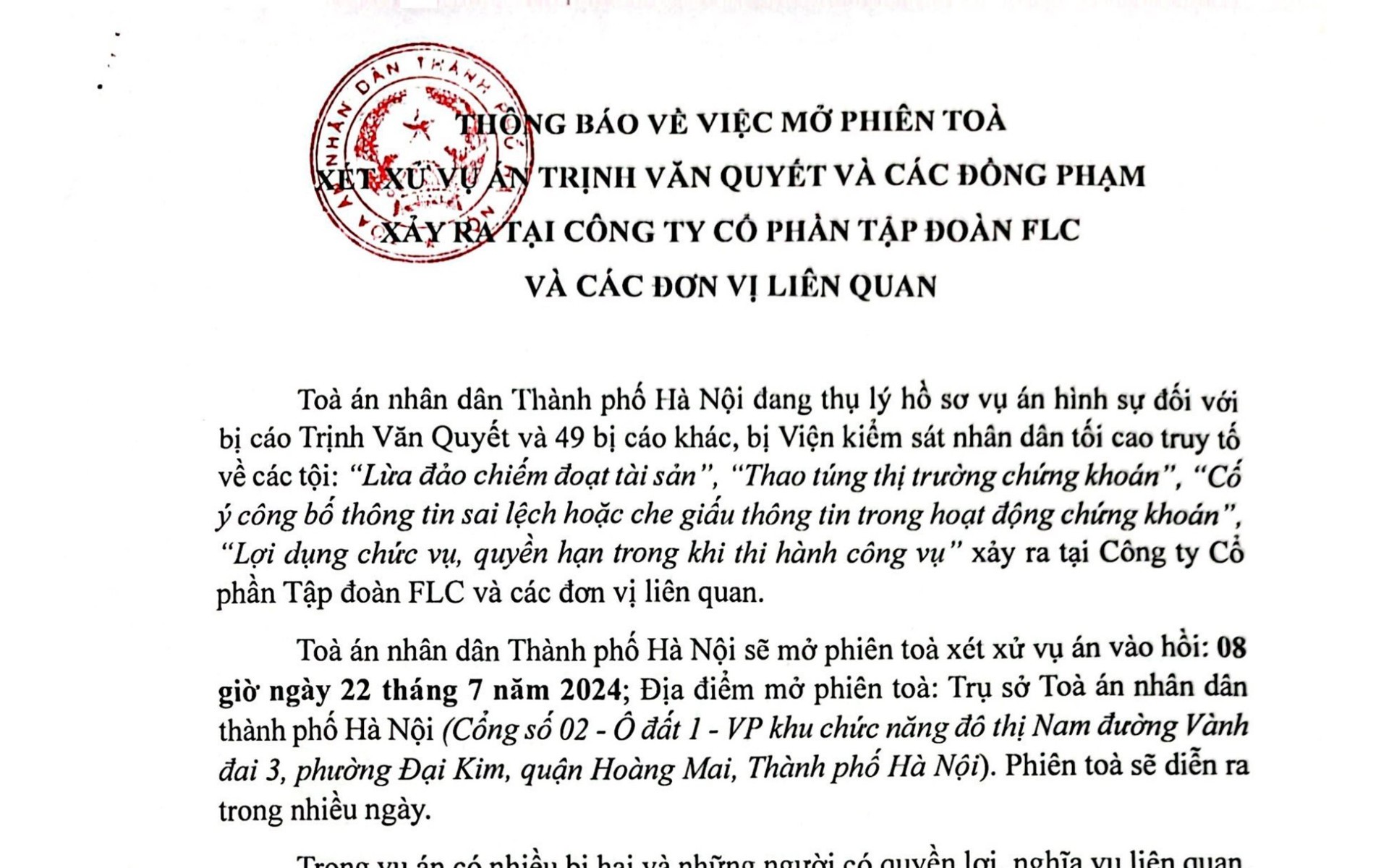 Mở phiên tòa xét xử vụ án Trịnh Văn Quyết và các đồng phạm; danh sách bị hại và người có quyền lợi, nghĩa vụ liên quan