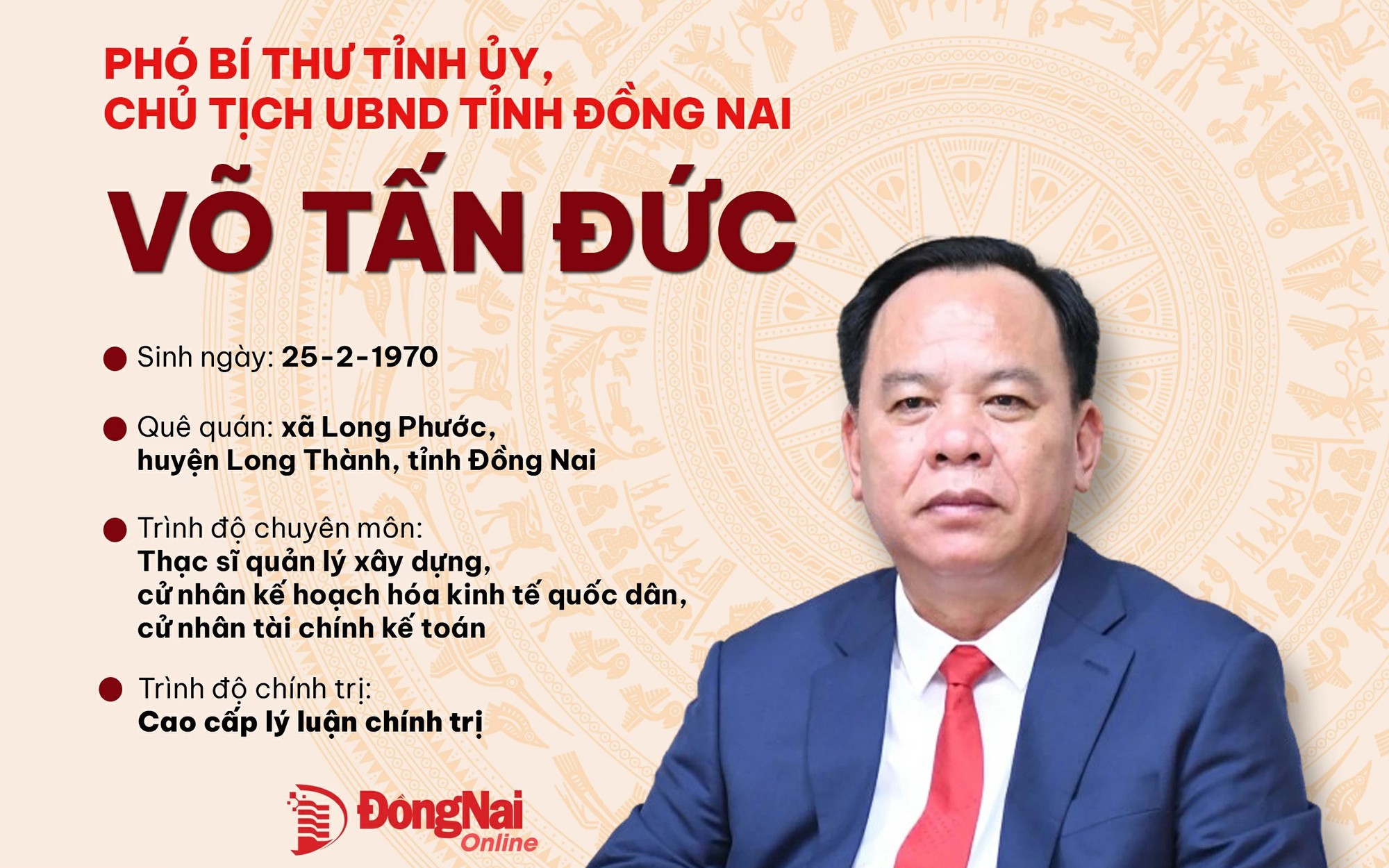 Tiểu sử đồng chí Võ Tấn Đức, tân Phó Bí thư Tỉnh ủy, Chủ tịch UBND tỉnh Đồng Nai