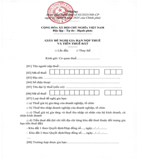 Hướng dẫn khai thông tin Giấy đề nghị gia hạn nộp thuế và tiền thuê đất năm 2025- Ảnh 1. Hướng dẫn khai thông tin Giấy đề nghị gia hạn nộp thuế và tiền thuê đất năm 2025- Ảnh 1.