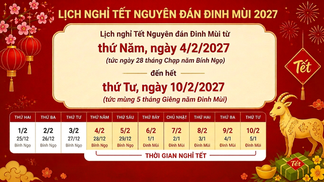 Lịch nghỉ Tết Nguyên Đán Đinh Mùi 2027