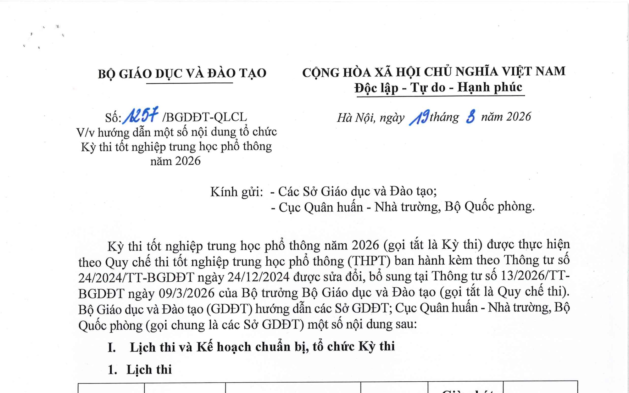 Công văn 1257/BGDĐT-QLCL: Hướng dẫn tổ chức Kỳ thi tốt nghiệp THPT 2026
