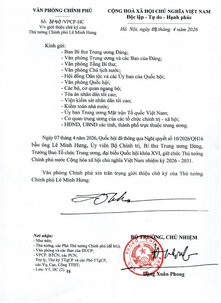 GIỚI THIỆU CHỮ KÝ CỦA THỦ TƯỚNG CHÍNH PHỦ VÀ CÁC PHÓ THỦ TƯỚNG CHÍNH PHỦ, NHIỆM KỲ 2026-2031- Ảnh 1.