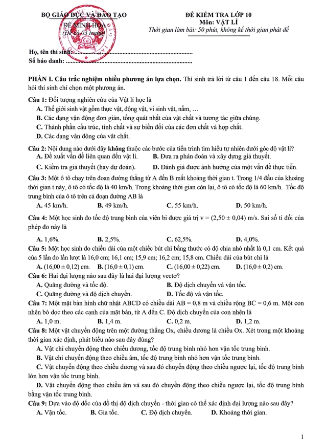 Đề thi minh họa môn Vật Lý tốt nghiệp THPT từ năm 2025- Ảnh 1.
