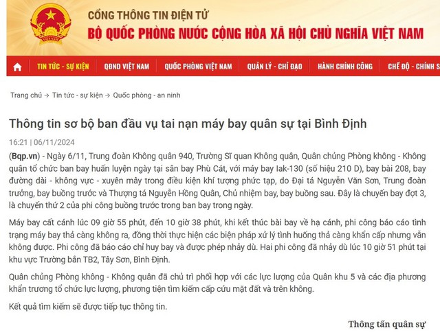 Bộ Quốc phòng thông tin vụ tai nạn máy bay quân sự tại Bình Định- Ảnh 1.