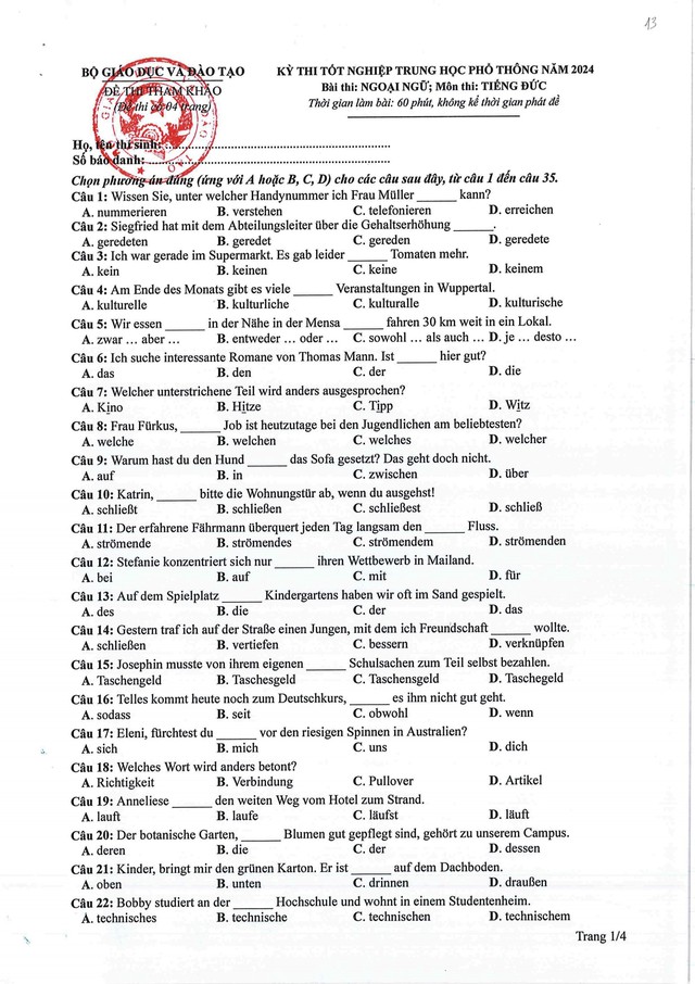 Đề tham khảo môn Tiếng Đức kỳ thi tốt nghiệp THPT năm 2024- Ảnh 1.
