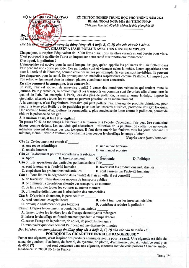 Đề tham khảo môn Tiếng Pháp kỳ thi tốt nghiệp THPT năm 2024- Ảnh 1.