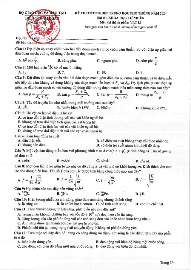 Đề thi tham khảo môn Vật lý tốt nghiệp THPT năm 2024- Ảnh 1.