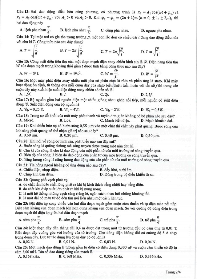 Đề thi tham khảo môn Vật lý tốt nghiệp THPT năm 2024- Ảnh 2.