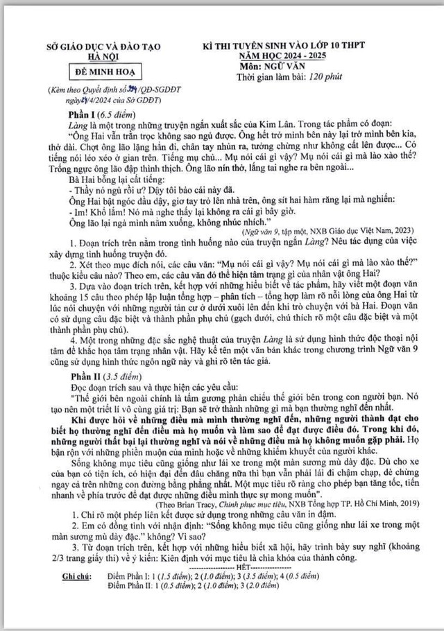 Đề minh họa môn Ngữ văn thi vào lớp 10 Hà Nội năm học 2024-2025- Ảnh 2.