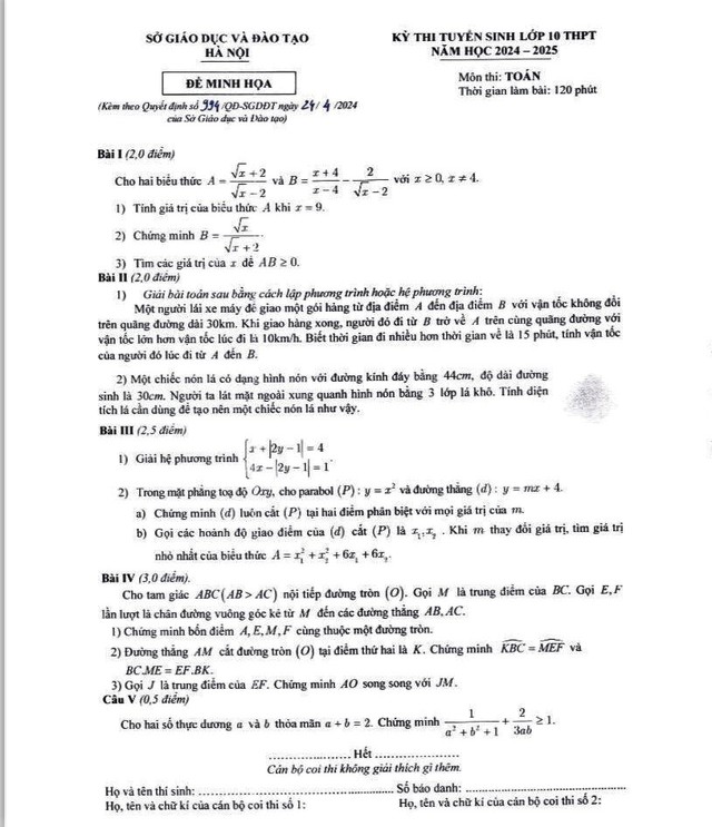 Đề minh họa môn Toán thi vào lớp 10 Hà Nội năm học 2024-2025- Ảnh 2.