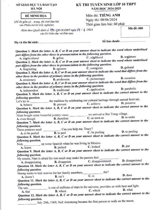 TUYỂN SINH LỚP 10 Hà Nội: Đề minh họa Tiếng Anh- Ảnh 3.