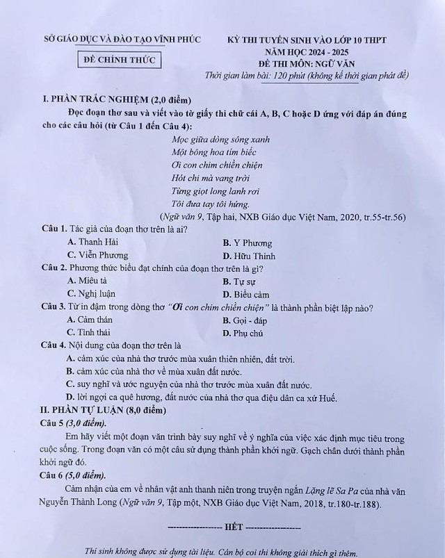 Đề thi TUYỂN SINH lớp 10 môn Ngữ văn tại Quảng Ninh, Ninh Bình, Vĩnh Phúc- Ảnh 7.