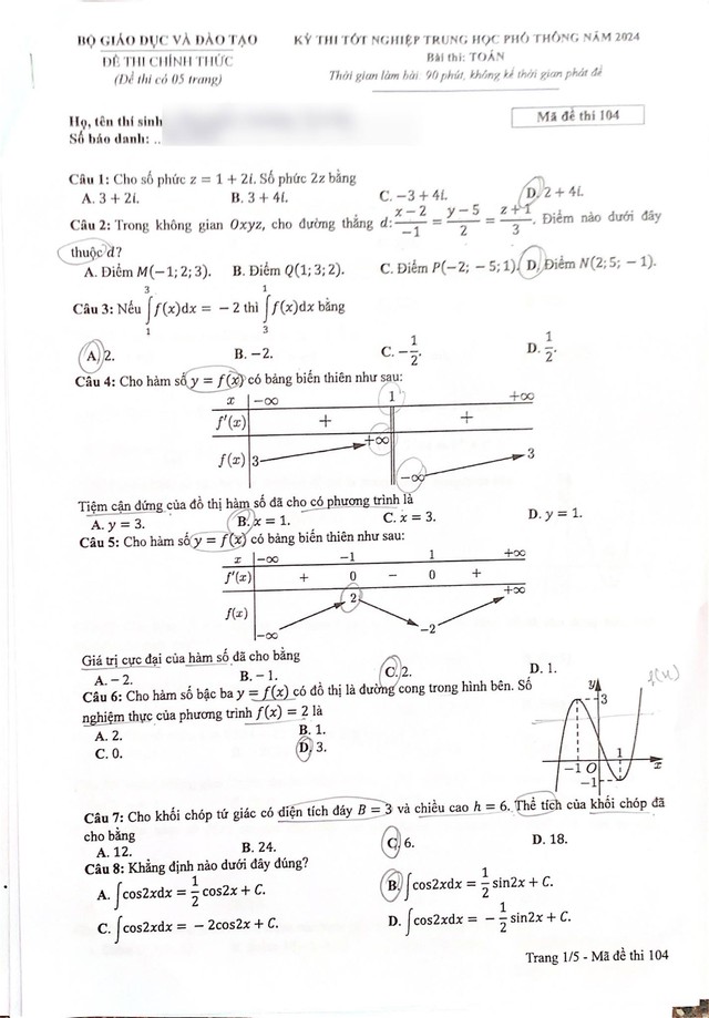 THI TỐT NGHIỆP THPT 2024: Đề thi môn Toán- Ảnh 2.