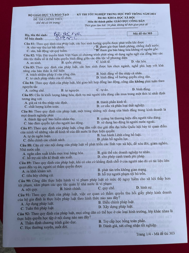 THI TỐT NGHIỆP THPT 2024: Đề thi, đáp án MÔN GIÁO DỤC CÔNG DÂN- Ảnh 2.