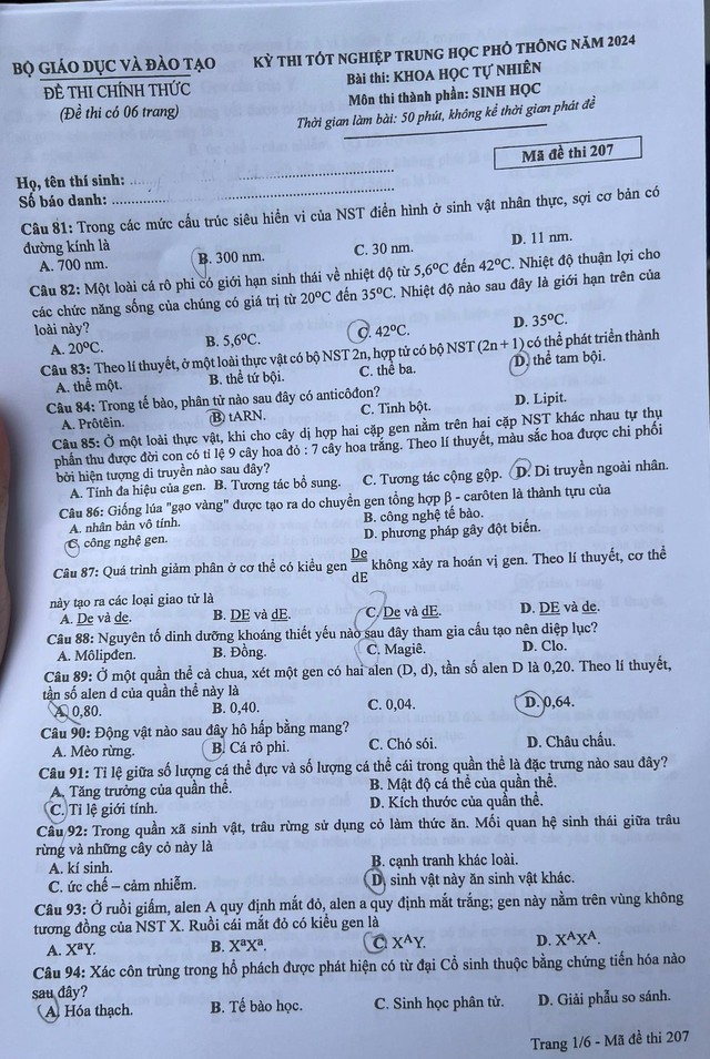 THI TỐT NGHIỆP THPT 2024: Đề thi, gợi ý đáp án môn SINH HỌC- Ảnh 2.