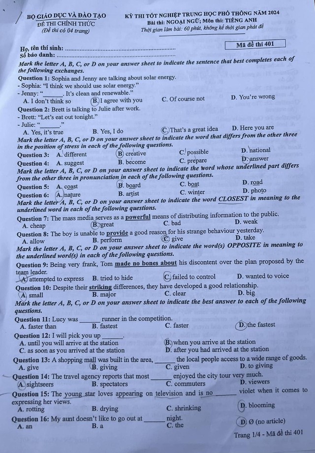 THI TỐT NGHIỆP THPT 2024: Đề thi, đáp án môn TIẾNG ANH- Ảnh 2.