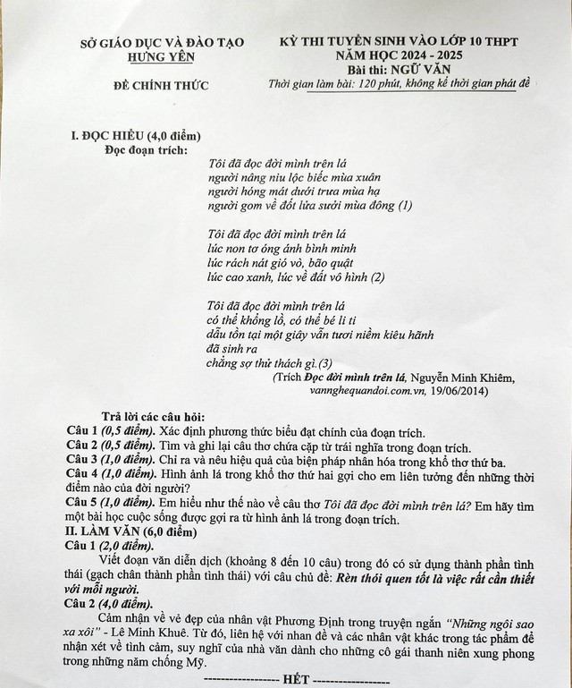 Đề thi tuyển sinh lớp 10 môn Ngữ văn tại Nghệ An, Bến Tre, Hưng Yên- Ảnh 6.