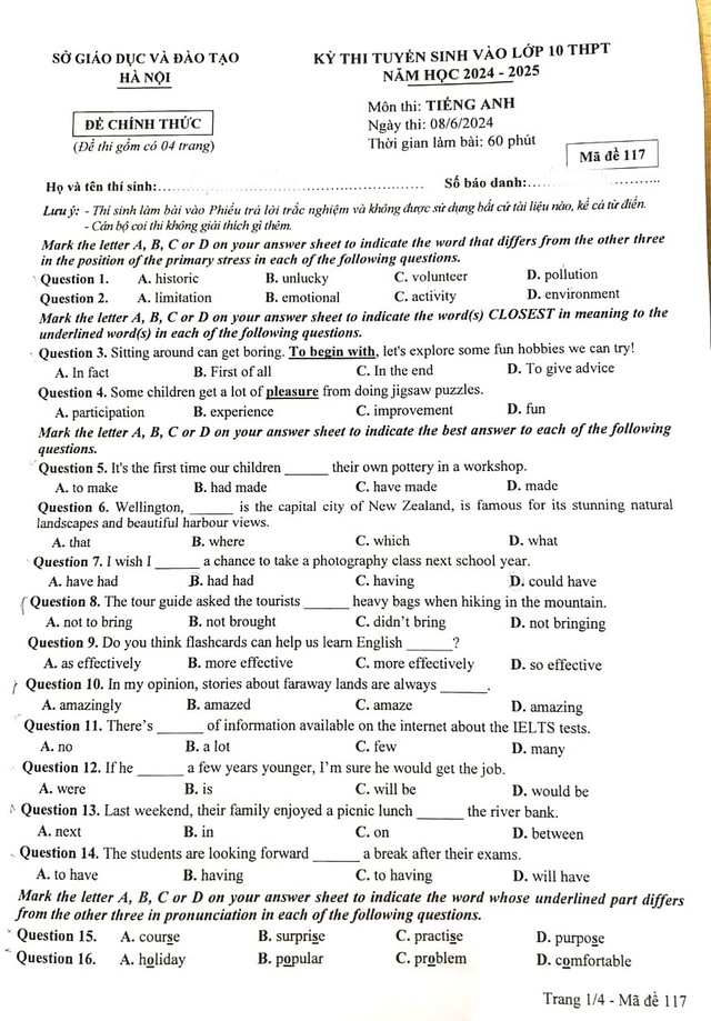 Đề thi tuyển sinh lớp 10 môn Toán, Ngữ văn, Tiếng Anh tại Hà Nội năm học 2024-2025- Ảnh 8.
