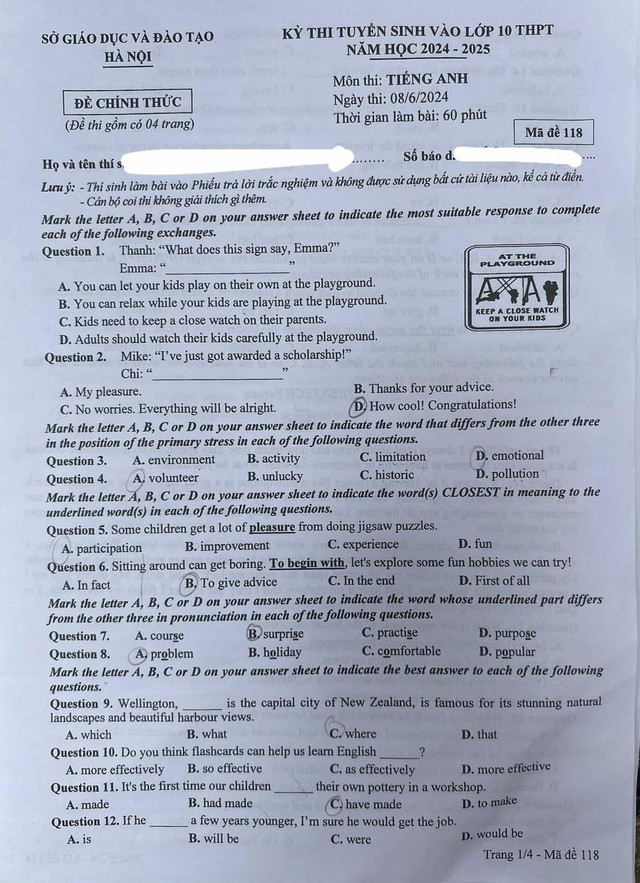 Đề thi tuyển sinh lớp 10 môn Toán, Ngữ văn, Tiếng Anh tại Hà Nội năm học 2024-2025- Ảnh 13.