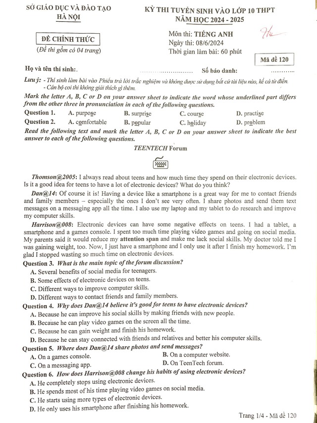Đề thi tuyển sinh lớp 10 môn Toán, Ngữ văn, Tiếng Anh tại Hà Nội năm học 2024-2025- Ảnh 18.