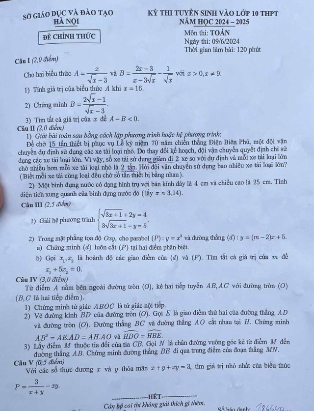Đề thi tuyển sinh lớp 10 môn Toán, Ngữ văn, Tiếng Anh tại Hà Nội năm học 2024-2025- Ảnh 2.