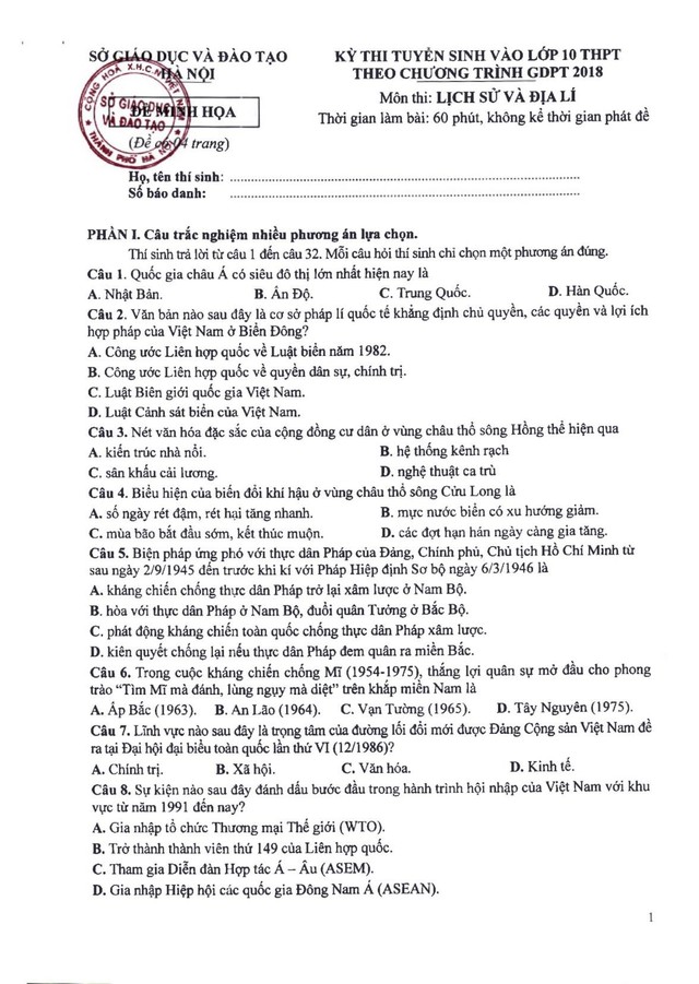 Gợi ý đáp án đề minh họa môn LỊCH SỬ & ĐỊA LÝ thi vào lớp 10 Hà Nội theo chương trình mới- Ảnh 2.