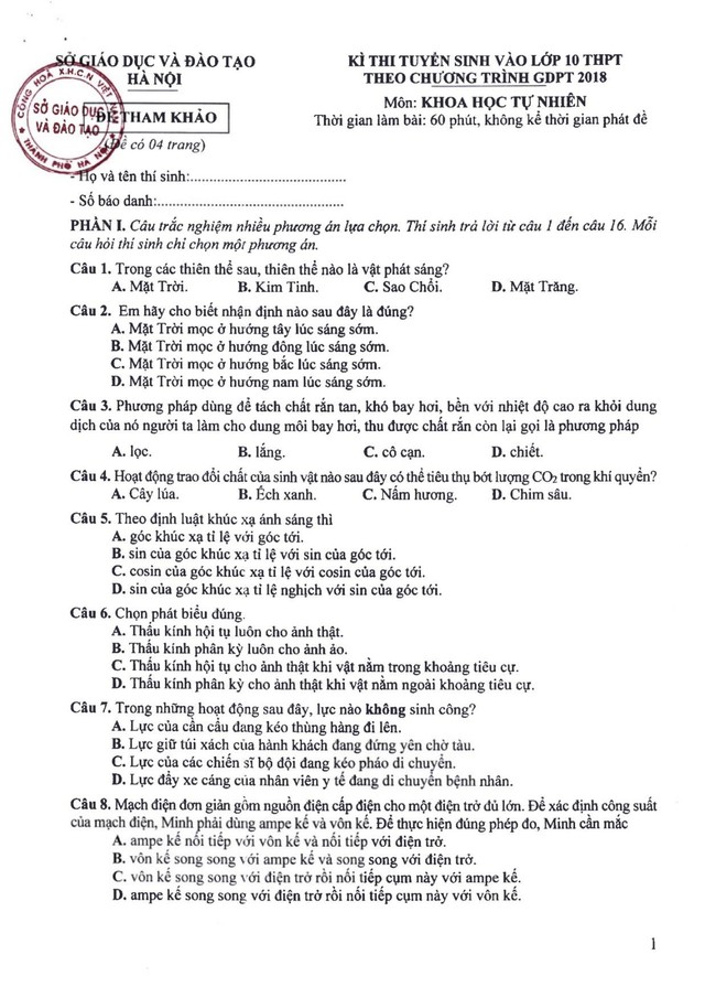 Gợi ý đáp án đề minh họa môn KHOA HỌC TỰ NHIÊN thi vào lớp 10 Hà Nội theo chương trình mới- Ảnh 2.