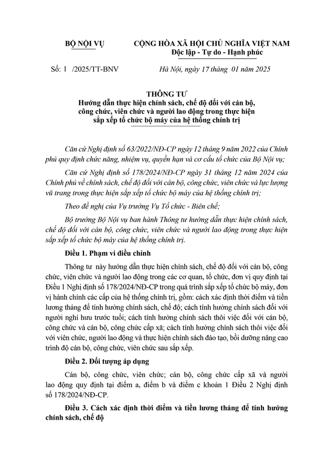 TOÀN VĂN: Thông tư hướng dẫn chính sách, chế độ với CBCCVC và người lao động trong sắp xếp tổ chức bộ máy - Ảnh 1.