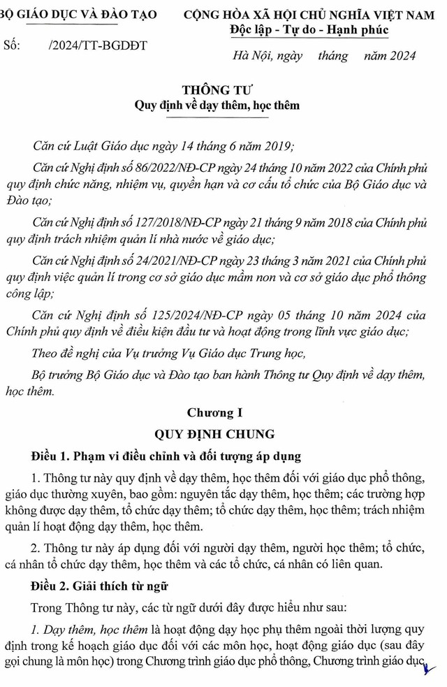 TOÀN VĂN: Thông tư số 29/2024/TT-BGDĐT quy định về DẠY THÊM, HỌC THÊM- Ảnh 1.