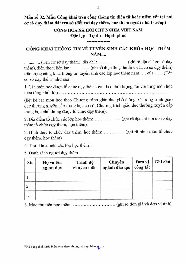 Mẫu CÔNG KHAI THÔNG TIN VỀ TUYỂN SINH CÁC KHÓA HỌC THÊM theo Thông tư số 29/2024/TT-BGDĐT- Ảnh 1.