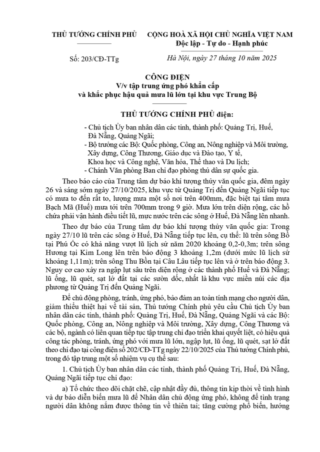 THỦ TƯỚNG CHÍNH PHỦ chỉ đạo KHẨN CẤP ỨNG PHÓ và khắc phục hậu quả MƯA LŨ LỚN tại TRUNG BỘ- Ảnh 1.