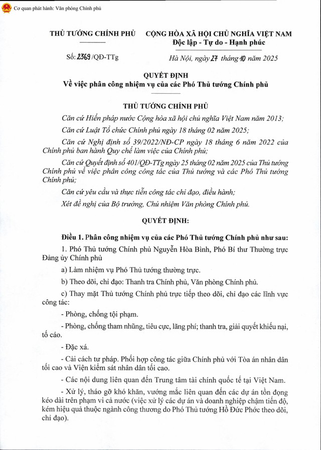 PHÂN CÔNG NHIỆM VỤ CỦA CÁC PHÓ THỦ TƯỚNG CHÍNH PHỦ- Ảnh 1.