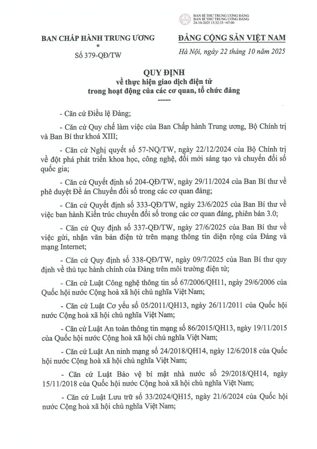 Quy định số 379-QĐ/TW về thực hiện giao dịch điện tử trong hoạt động của các cơ quan, tổ chức đảng- Ảnh 1. Quy định số 379-QĐ/TW về thực hiện giao dịch điện tử trong hoạt động của các cơ quan, tổ chức đảng- Ảnh 1.