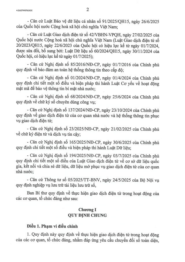 Quy định số 379-QĐ/TW về thực hiện giao dịch điện tử trong hoạt động của các cơ quan, tổ chức đảng- Ảnh 2. Quy định số 379-QĐ/TW về thực hiện giao dịch điện tử trong hoạt động của các cơ quan, tổ chức đảng- Ảnh 2.