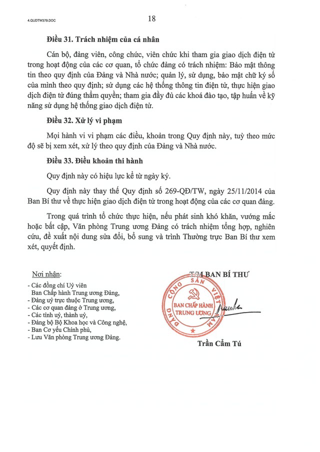 Quy định số 379-QĐ/TW về thực hiện giao dịch điện tử trong hoạt động của các cơ quan, tổ chức đảng- Ảnh 18. Quy định số 379-QĐ/TW về thực hiện giao dịch điện tử trong hoạt động của các cơ quan, tổ chức đảng- Ảnh 18.