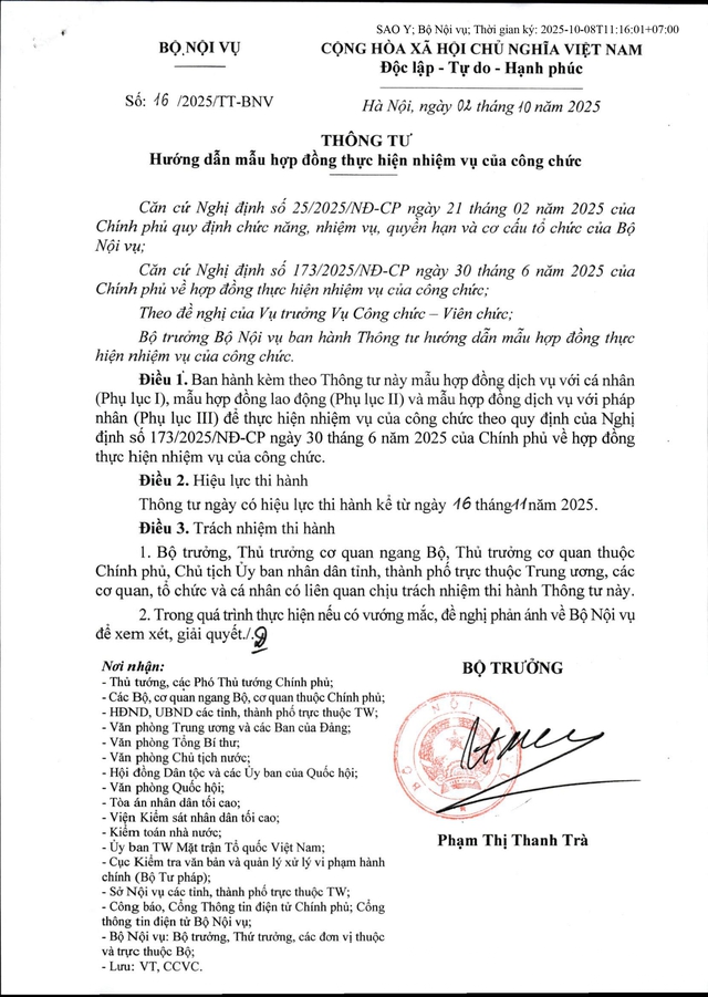 TOÀN VĂN: Thông tư 16/2025/TT-BNV hướng dẫn hợp đồng thực hiện nhiệm vụ công chức- Ảnh 1. TOÀN VĂN: Thông tư 16/2025/TT-BNV hướng dẫn hợp đồng thực hiện nhiệm vụ công chức- Ảnh 1.