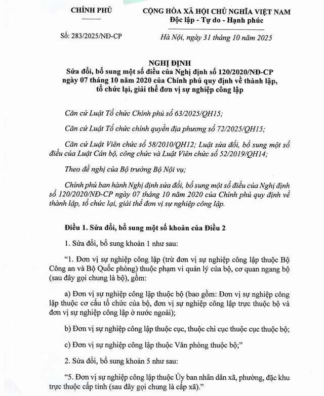 TOÀN VĂN: Nghị định số 283/2025/NĐ-CP về thành lập, tổ chức lại, giải thể đơn vị sự nghiệp công lập- Ảnh 1. TOÀN VĂN: Nghị định số 283/2025/NĐ-CP về thành lập, tổ chức lại, giải thể đơn vị sự nghiệp công lập- Ảnh 1.