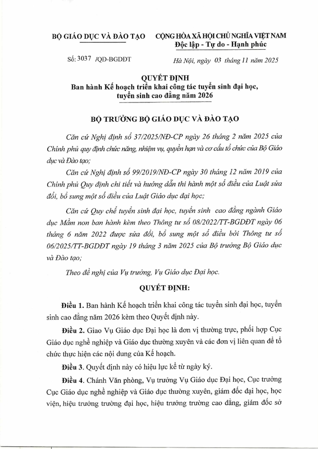 Quyết định 3037/QĐ-BGDĐT ban hành Kế hoạch tuyển sinh đại học, cao đẳng năm 2026- Ảnh 1.