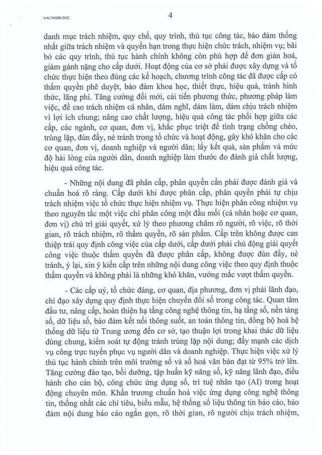 TOÀN VĂN: Kết luận số 226-KL/TW chấn chỉnh lề lối làm việc, nâng cao hiệu quả hoạt động của hệ thống chính trị.- Ảnh 4. TOÀN VĂN: Kết luận số 226-KL/TW chấn chỉnh lề lối làm việc, nâng cao hiệu quả hoạt động của hệ thống chính trị.- Ảnh 4.