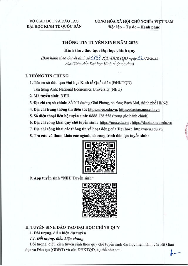 Thông tin tuyển sinh năm 2026 của Đại học kinh tế Quốc dân- Ảnh 2.