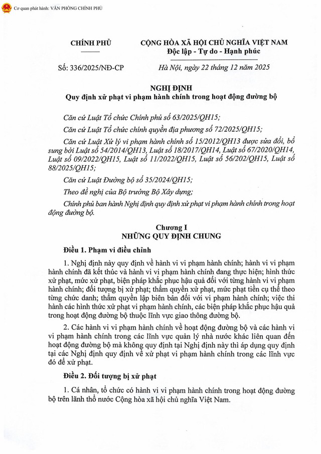 TOÀN VĂN: Nghị định số 336/2025/NĐ-CP quy định xử phạt vi phạm hành chính trong hoạt động đường bộ- Ảnh 2.