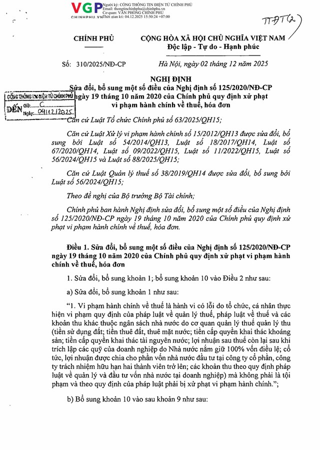 Nghị định số 310/2025/NĐ-CP sửa đổi, bổ sung quy định xử phạt vi phạm hành chính về thuế, hóa đơn- Ảnh 1. Nghị định số 310/2025/NĐ-CP sửa đổi, bổ sung quy định xử phạt vi phạm hành chính về thuế, hóa đơn- Ảnh 1.