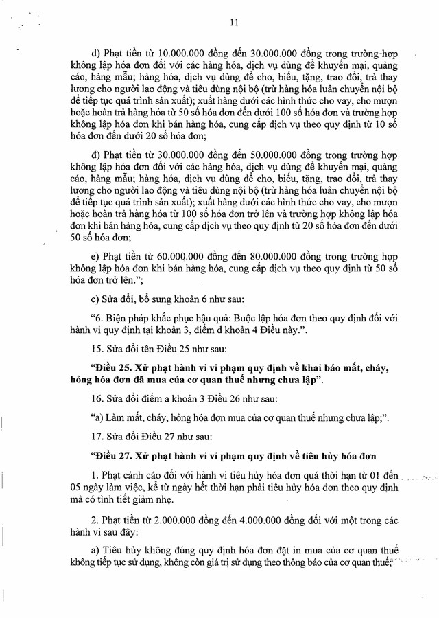 Nghị định số 310/2025/NĐ-CP sửa đổi, bổ sung quy định xử phạt vi phạm hành chính về thuế, hóa đơn- Ảnh 11. Nghị định số 310/2025/NĐ-CP sửa đổi, bổ sung quy định xử phạt vi phạm hành chính về thuế, hóa đơn- Ảnh 11.