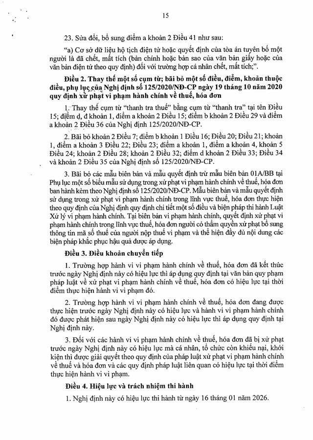 Nghị định số 310/2025/NĐ-CP sửa đổi, bổ sung quy định xử phạt vi phạm hành chính về thuế, hóa đơn- Ảnh 15. Nghị định số 310/2025/NĐ-CP sửa đổi, bổ sung quy định xử phạt vi phạm hành chính về thuế, hóa đơn- Ảnh 15.
